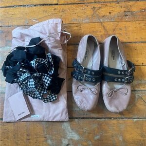 Miu Miu Pink Leather Ballet Mary Jane Flats with Black Strap Details 7.5